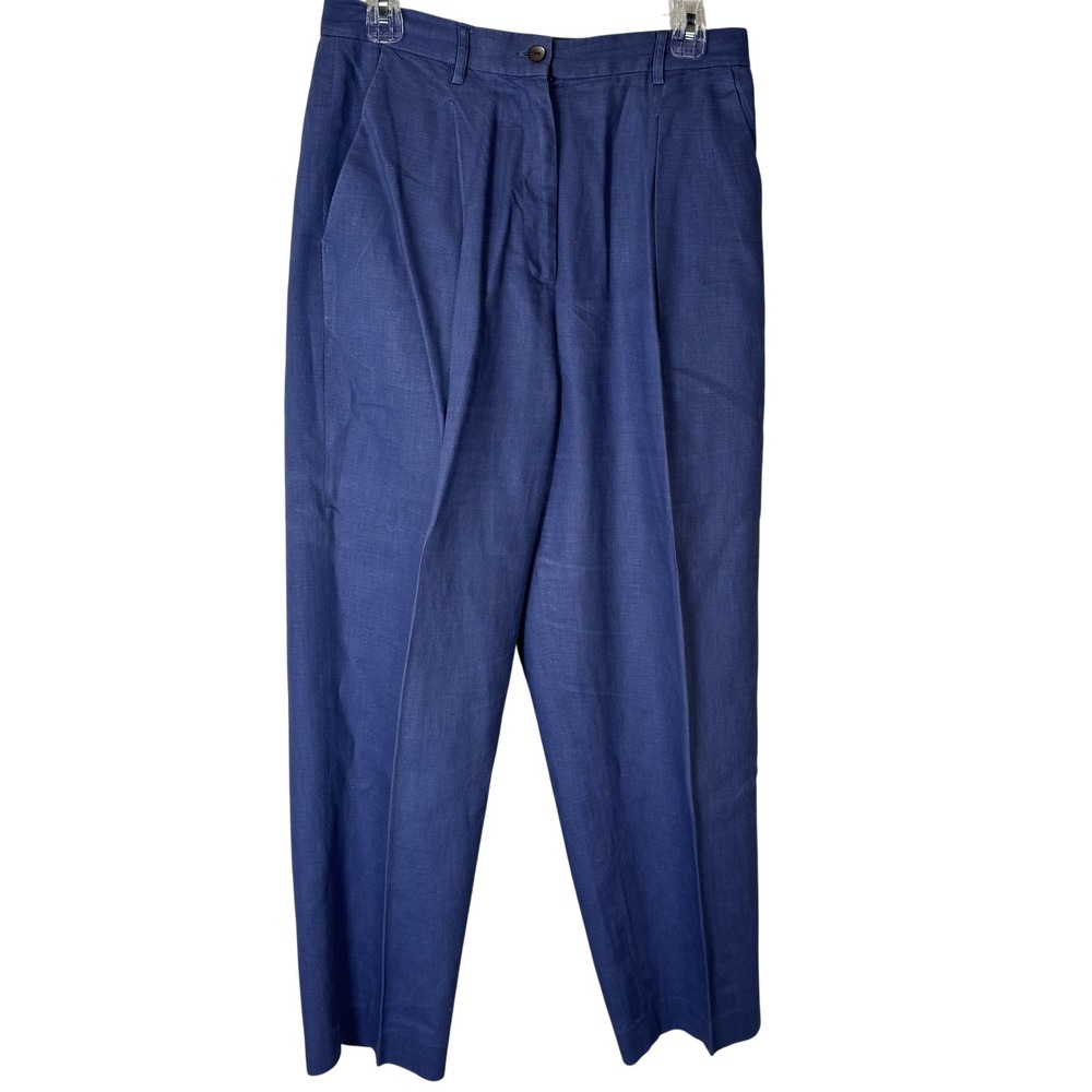 Elements Pants Womens Petite 12 Blue Linen Cotton Pleated Front Relaxed Trousers